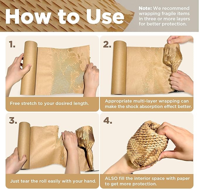 Honeycomb Packing Paper, 12"x400' Brown | Perforated Honeycomb Packing Paper Recyclable Moving Supplies for Shipping & Moving | Plastic-Free Alternative to Bubble Cushion Wrap with 36 Fragile Stickers