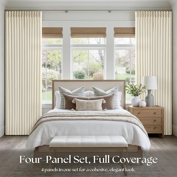 Cream Beige Pinch Pleated Linen Curtains 105 Inch 4 Panels Set - Image 6