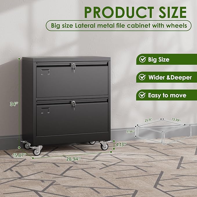 Aobabo 2 Drawer Wide File Cabinet with Wheels, Lockable Metal Filing Cabinet for Home Office, Legal/Letter Size,Black,Required Assembled,15.87" D x 28.94" W x 34" H