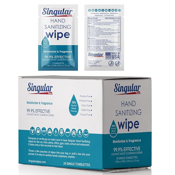 Hand Sanitizing Wipes Travel Size by Singular Wipes – 24ct Individually Wrapped | Fresh Citrus Scent, Moisturizing, 70% Alcohol Wipes | Travel, Office, School, Home | Made in USA