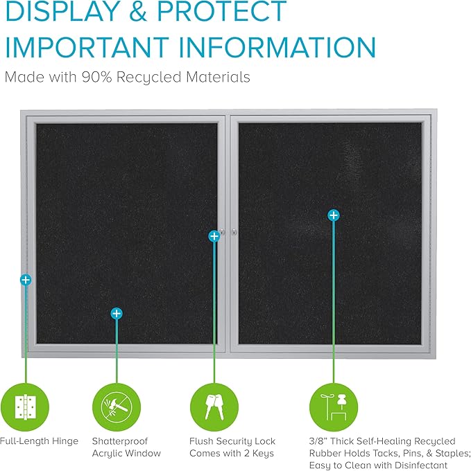 Ghent 36"x60" 2-Door indoor Enclosed Recycled Rubber Bulletin Board, Shatter Resistant, with Lock, Satin Aluminum Frame,Black (PA23660TR-BK) ,Made in the USA