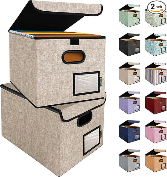 BALEINE File Organizer Box with Lid, Collapsible File Folder Organizer with Plastic Slide, Hanging File Folder Box for Office Document Storage (2 Pack, Beige)