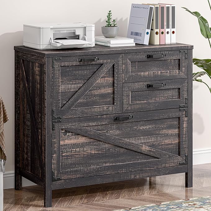 4-Drawer Wood Lateral File Cabinet for Hanging Files Letter/A4/Legal Size, Large Farmhouse File Cabinets for Home Office, Printer Stand with Office Cabinets, Office Furniture, Dark Rustic Oak