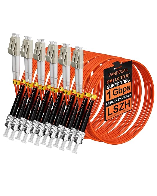 6 Pack LC to ST Fiber Patch Cables OM1 5M, 62.5/125µm Multi Mode Duplex MMF by VANDESAIL