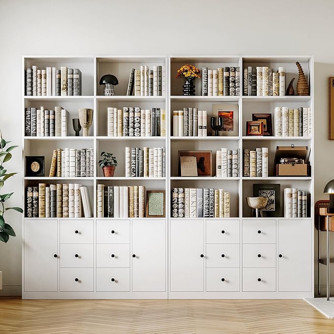 IRONCK 78.7" Bookcase with 6 Drawers, 6 Tier Large Bookshelf with 2 Doors, Large Bookcase with Adjustable Shelves, Tall Storage Cabinet for Home Office, Living Room, White