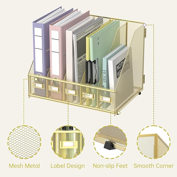 SUPEASY Desk Organizers Metal Desk Magazine File Holder with 5 Vertical Compartments Rack File Organizer for Office Desktop, Home Workspace, Gold Plus