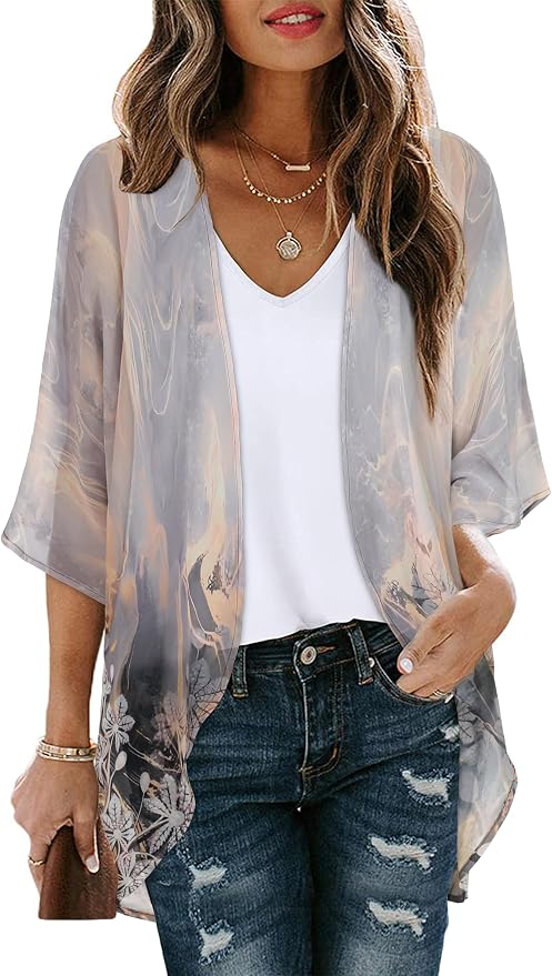 Women's Floral Print Puff Sleeve Kimono Cardigan Loose Cover Up Casual Blouse by CHICGAL