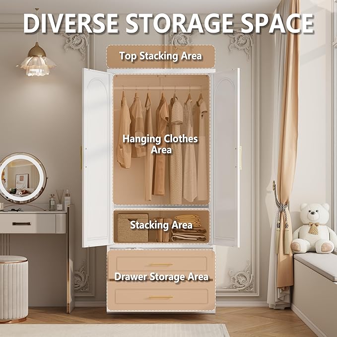 Metal Armoire Wardrobe Closet witih Two Drawers, 71" Tall Large Wardrobe Cabinet with Hanging Rod, Clothing Storage Cabinet with Doors and Shelves for Bedroom, White, Assemble Required