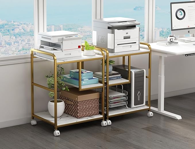 Large Printer Table Stand with Shelf for Computer Tower, CPU and Shredder, 22 x 18 Inch Rolling Printer Cart with Wheels for Home Office Storage and Organization - White Gold