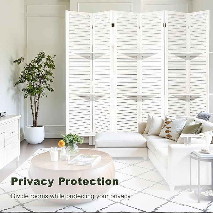 NicBex 6 Panel Room Divider,5.6FT Wood Carved Room Dividers with Display Shelves Folding Privacy Screens Portable Freestanding Partition Wall Dividers for Room Separation,Home Bedroom Office,White