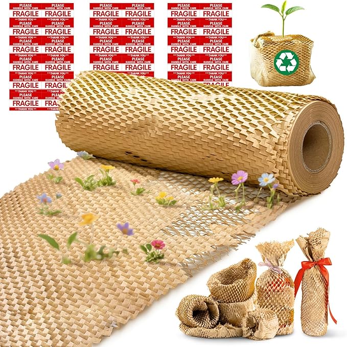 Honeycomb Packing Paper, 12"x150' Brown | Perforated Honeycomb Packing Paper Recyclable Moving Supplies for Shipping & Moving | Plastic-Free Alternative to Bubble Cushion Wrap with 36 Fragile Stickers