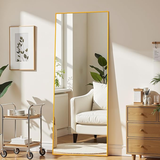 64"×21" Aluminum Gold Frame Full Length Mirror, Large Full Length Mirror for Home Decor, Shatter-Proof Glass Floor Mirror with Stand, Free Standing, Leaning Against Mirror for Bedroom Decor, Gold
