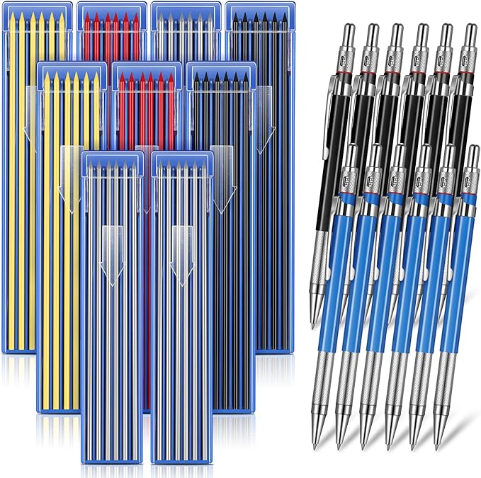 Nezyo 12 Pieces Welder Pencil with 108 Pieces Round Refills Mechanical Metal Pencil Marker with Built in Sharpener Pen for Construction Workers, Metal Work, Plumbers, Framers