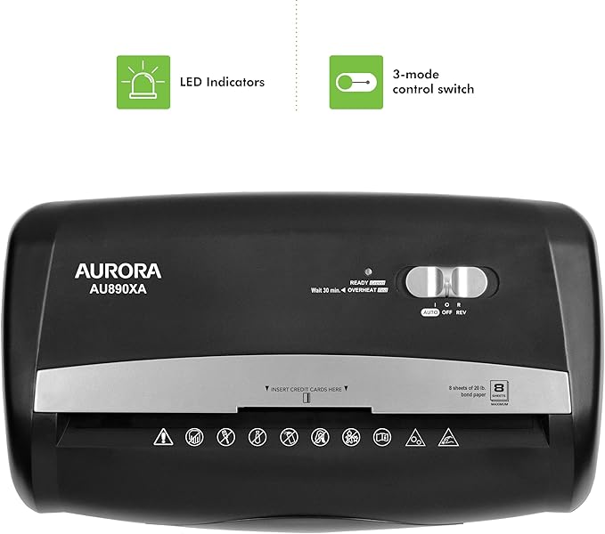 Aurora AU890XA 8-Sheet Crosscut Paper and Credit Card Shredder with Wastebasket