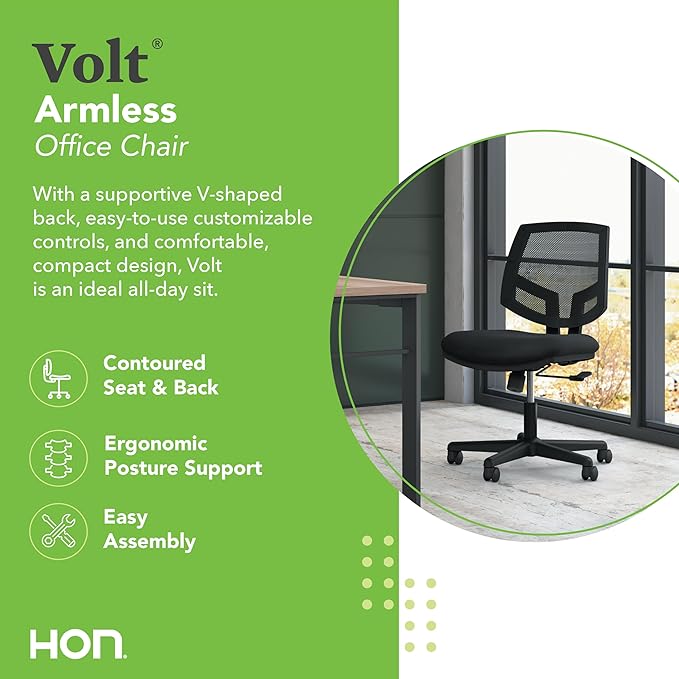 HON Volt Fabric Office Chair with Mesh Back, Home Desk Chairs with Wheels, Ergonomic Recline and Center Tilt, Black