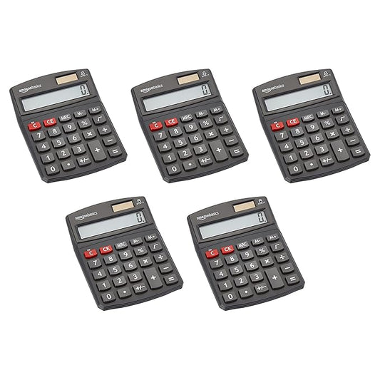 Amazon Basics LCD 8-Digit Desktop Calculator, Portable and Easy to Use, Black, 5-Pack