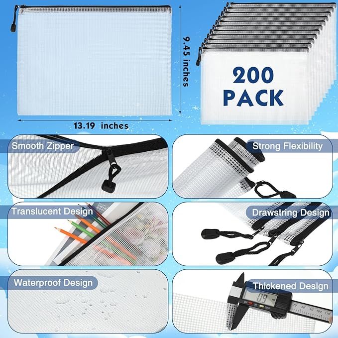 200 Pcs A4 Mesh Zipper Pouch Bulk Waterproof Mesh Zipper Organizer Plastic File Folder Case for School Office Supplies Document Board Games Puzzle(Black)