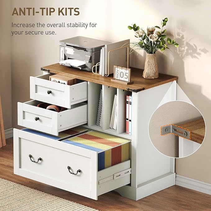 Farmhouse File Cabinet for Home Office, Lateral Filing Cabinet with 3 Drawers & Folder Organizer, Office Storage Cabinet for A4 Letter Files, Printer Stand with Storage Cabinet, White & Walnut