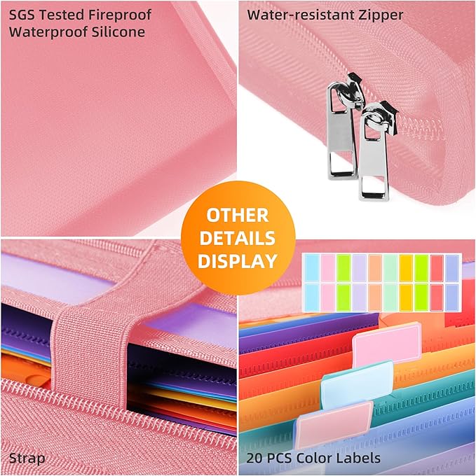 JUNDUN Accordion File Organizer - 12 Pocket Expanding File Folder with Zipper & Labels - Fireproof File Folder Organizer with Multi-Pockets,Document Organizer for Letter A4 Files and More (Pink)