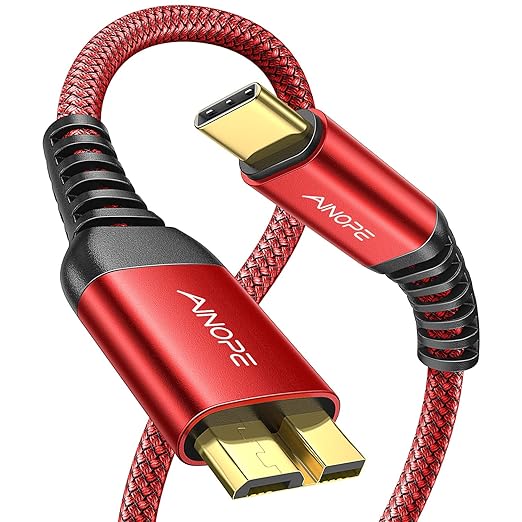 AINOPE 10Gbps Micro B to USB C Hard Drive Cable, [Nylon Braided] USB C to Micro B Cord, USB C to External Hard Drive Cable for Seagate WD Westgate, iPhone 16 Pro MacBook Air M2 Pro, 1.6FT, Red