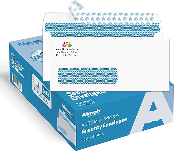 Aimoh 500#10 Custom Printed Single Left Window Self Seal Security Envelopes, Text and Logo Customization, Self Sealing Closure, Security Tinted, Size 4-1/8 x 9-1/2 Inches, 24 LB, 500 Count (72352)