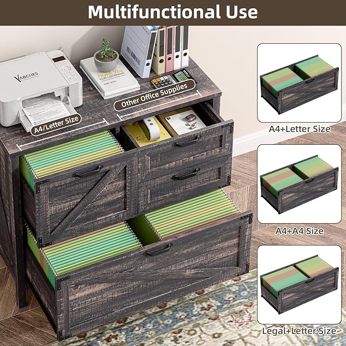 4-Drawer Wood Lateral File Cabinet for Hanging Files Letter/A4/Legal Size, Large Farmhouse File Cabinets for Home Office, Printer Stand with Office Cabinets, Office Furniture, Dark Rustic Oak
