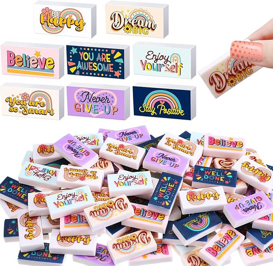 100 Pcs Inspirational Pencil Erasers Bulk for Kids Fun Motivational Eraser School Supplies Back to School Office Supplies for Classroom Office Teacher Artists (Boho)