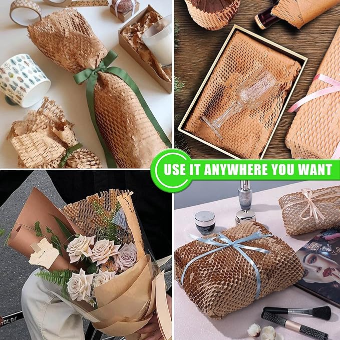 Honeycomb Packing Paper, MINHAO 15"x500' Eco Friendly Packing Paper for Moving Recyclable Honeycomb Paper Moving Supplies Bubble Paper Wrapping Protective Roll, With 36 Fragile Sticker Labels