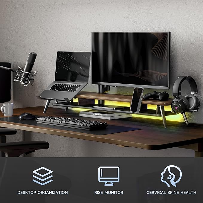 Fenge Dual Monitor Stand, Monitor Riser for 2 Monitors with Adjustable Laptop Riser , 42.5 Inch Desk Shelf for Top of Desk with Phone Holder& Headphone Stand