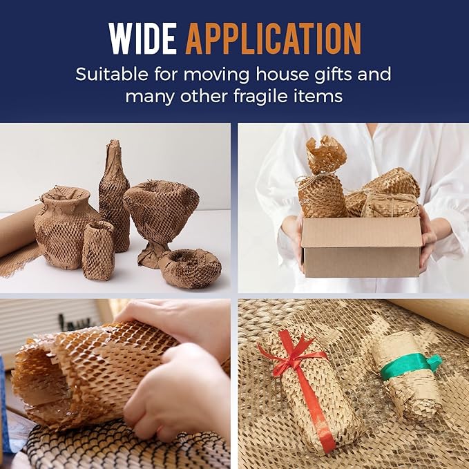 Honeycomb Packing Paper 15" x 400ft with Rope & 20 Fragile Stickers|Shipping & Moving Supplies|Small Business Packaging Supplies|Eco Friendly Bubble Wrap Packing Boxes for Moving Certified FSC C204227