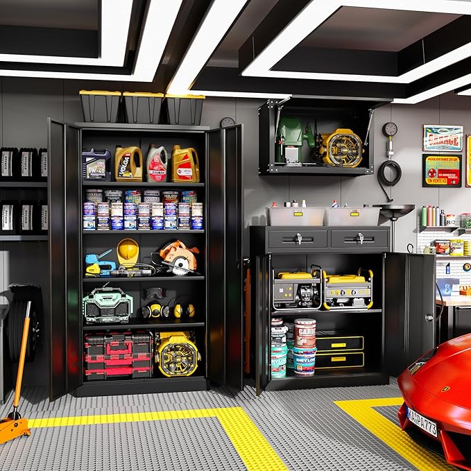 Greenvelly Metal Storage Cabinet with Drawers, 36' Black Steel Garage & Office Storage with Doors and Adjustable Shelves, Locking Metal Tool Cabinet