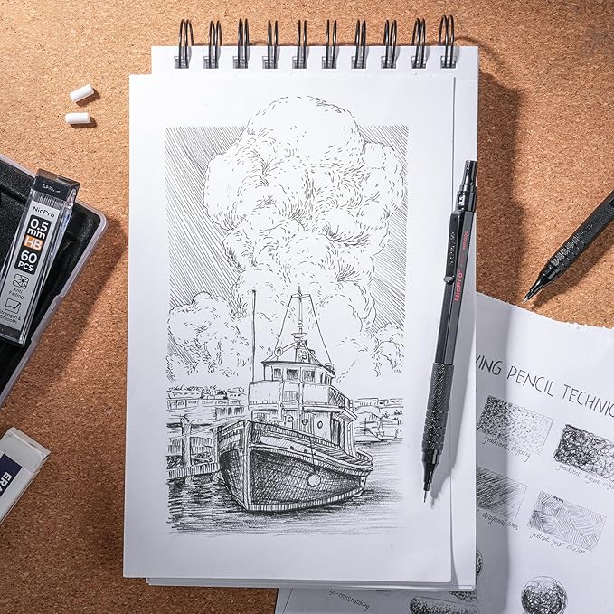 Nicpro 0.5 mm Mechanical Pencils Set with Case, 3 Metal Artist Pencil With 480PCS HB Lead Refills, 3 Erasers,9 Eraser Refills For Architect Art Writing Drafting, Drawing, Engineering, Sketching, Black