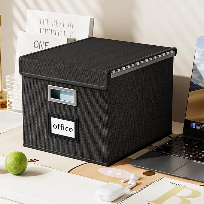 Huolewa File Organizer Boxes with Lids, Collapsible Linen Hanging Filing & Storage Boxes with Plastic Slide for Office/Decor/Home, Filling System for File/Folders/Document Storage -2 Pack