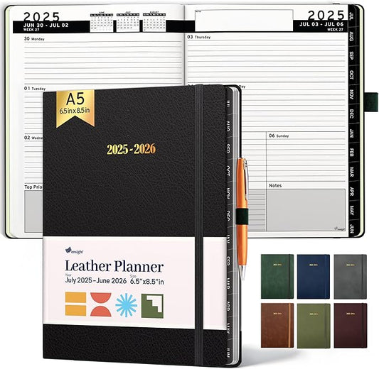 Ensight 2025-2026 HARDCOVER Leather Planner Weekly & Monthly - 6.5x8.5 Inches - Academic Planner Business Personal or Student - Pen Holder, Thick Paper, July 2025 - June 2026 (Black)