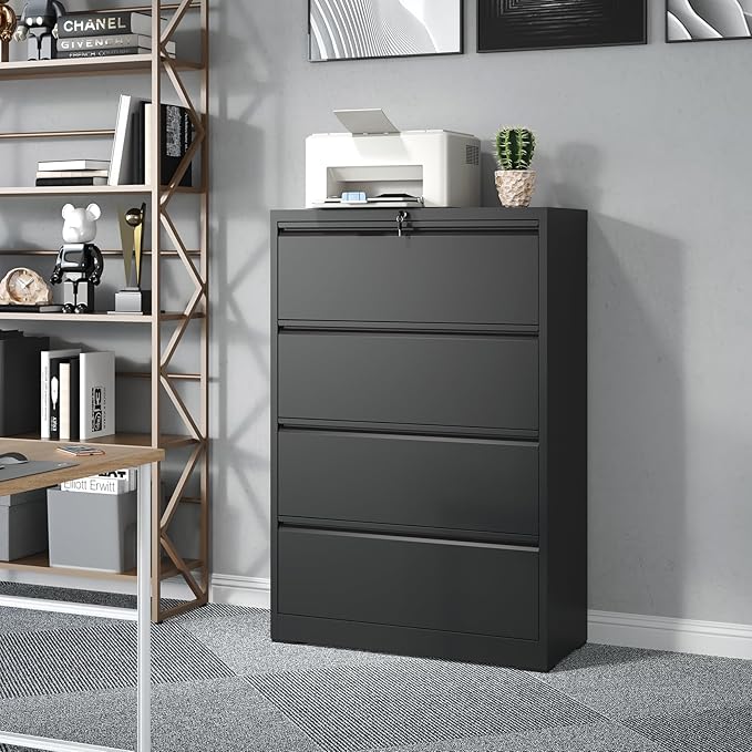 4 Drawer Lateral File Cabinet with Lock, Metal Lateral Filing Cabinet for Home Office, Steel Wide Horizontal Filing Cabinets for Letter/Legal/A4/F4 Hanging Files (Black)