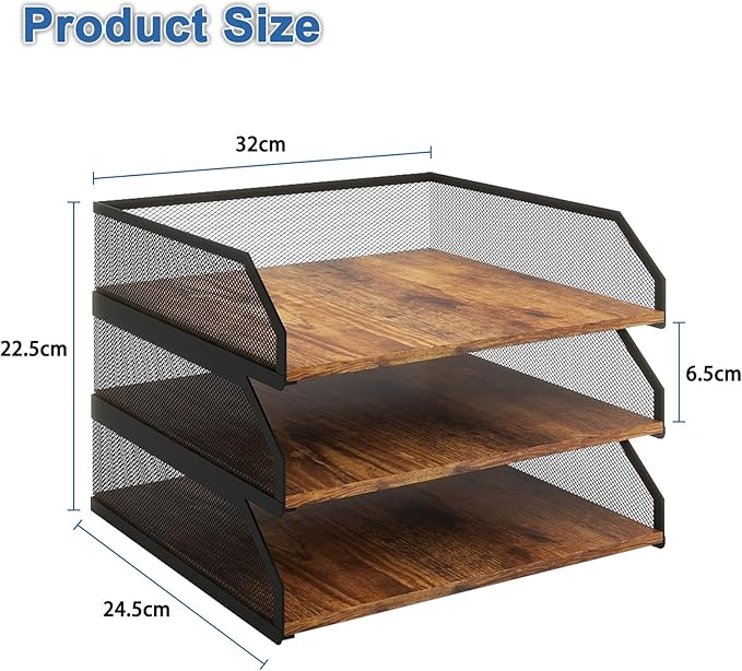 Natwind 3-Tier Stackable Paper Tray, Metal Mesh Desktop Organizer, Paper Sorter, Letter Trays,File Document Storage Rack for for Home, Office, School (Retro)