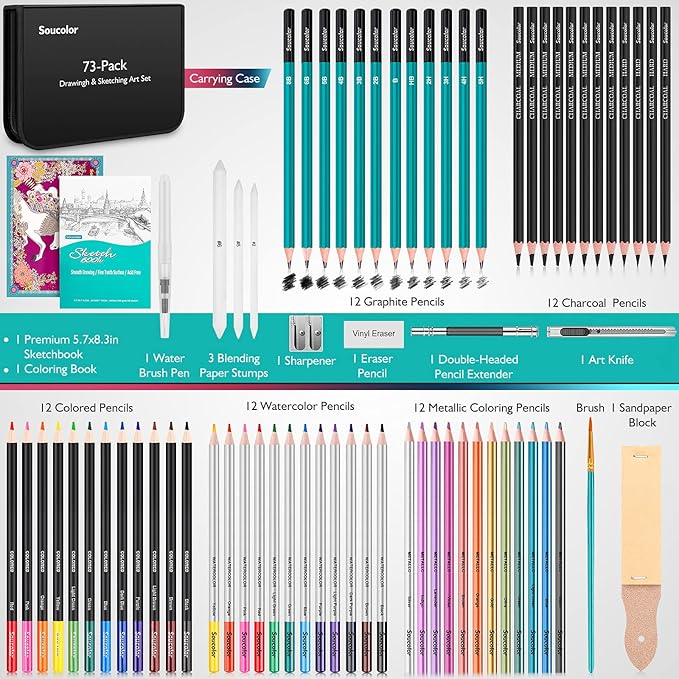 Soucolor 73 Pack Art Supplies Sketching Kit for Adults Kids Teen Gifts, School Supplies, Drawing Sketching Pencils with Sketchbook, Coloring Book, Colored Watercolor Metallic Graphite Charcoal Pencils