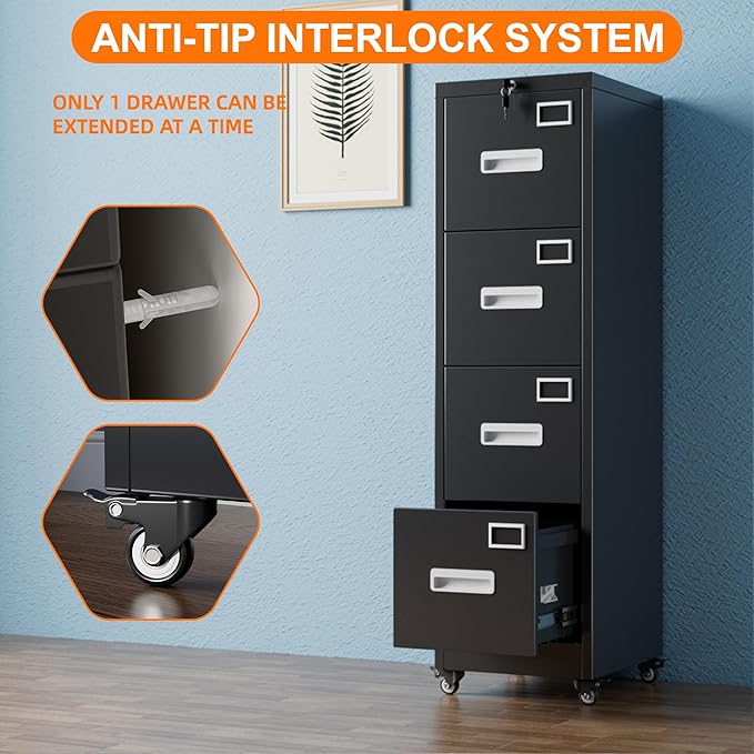Aobabo 56" H 4 Drawer Moblie File Cabinet with Lock, Metal File Cabinet for Home Office with Wheels, Storage Legal/Letter A4 Size, Black, Assembly Required
