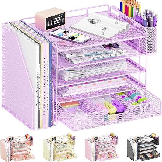 Desk Organizers and Accessories, 5-Tier Paper File Organizer with Drawer & Pen Holder, Office Desk Accessories Workspace Desktop Organizer for Office Supplies((Purple)