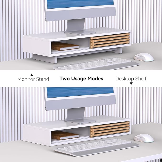 Monitor Stand Riser with Sliding Door, Computer Laptop Stand Desk Shelf Organizer with Storage (White + Natural Bamboo, 25 Inch)