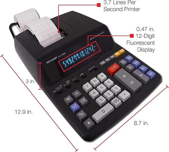 Sharp 12-Digit Print Calculator Desktop Size Adding Machine, Perfect for Everyday Use and Office, Bright, Large Easy-to-Read Numbers on Both The Display and The Two-ColorPrinted Tape (EL2196BL)