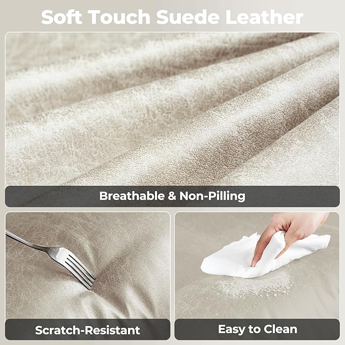 ovios Ergonomic Home Office Chair, Mid-Century Modern Faux Leather Chairs with Padded Armrests, Comfy Mid Back Swivel Rolling Executive Computer Armchair (Beige, Suede Leather)