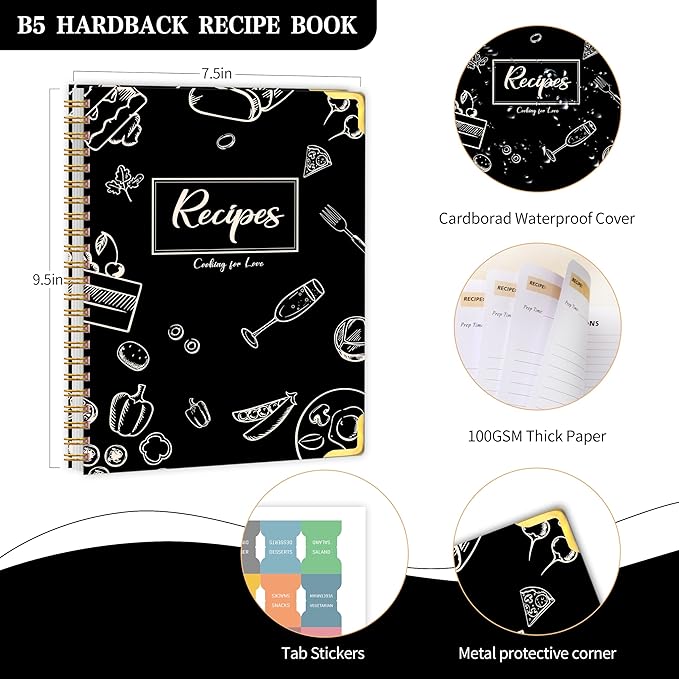 GOLDPEI Blank Recipe Book to Write in Your Own Recipes, Blank Cookbook with 175 Pages for Family Cooking Lover, Recipe Notebook with Tab Sticker Sheets, Recipe Journal, Hardcover, 7.5" x 9.5"