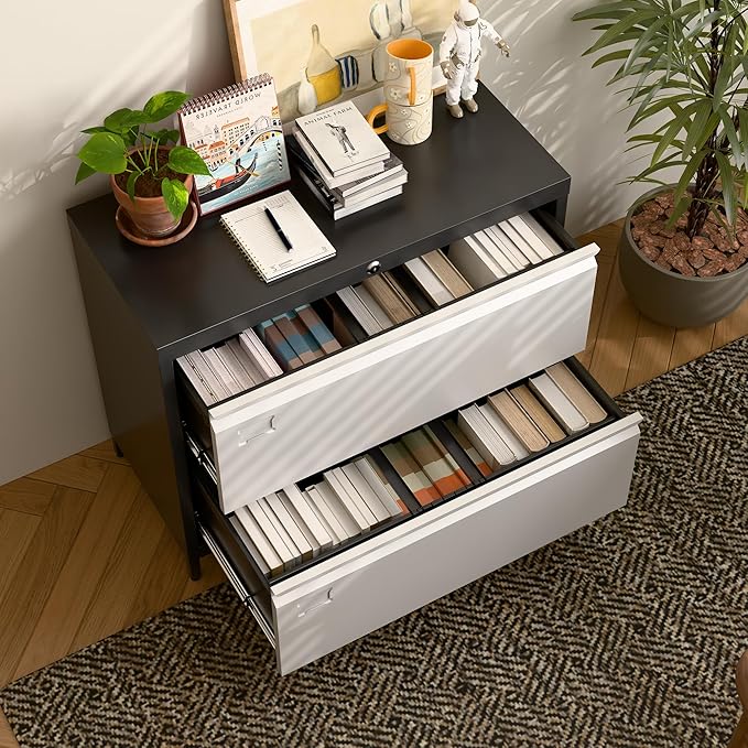 Metal Lateral File Cabinet with 2 Drawers, Wide Lateral Filing Cabinet with Lock for Hanging Files Letter/Legal/F4/A4 Size for Home Office School, Black and Grey, Assembly Required