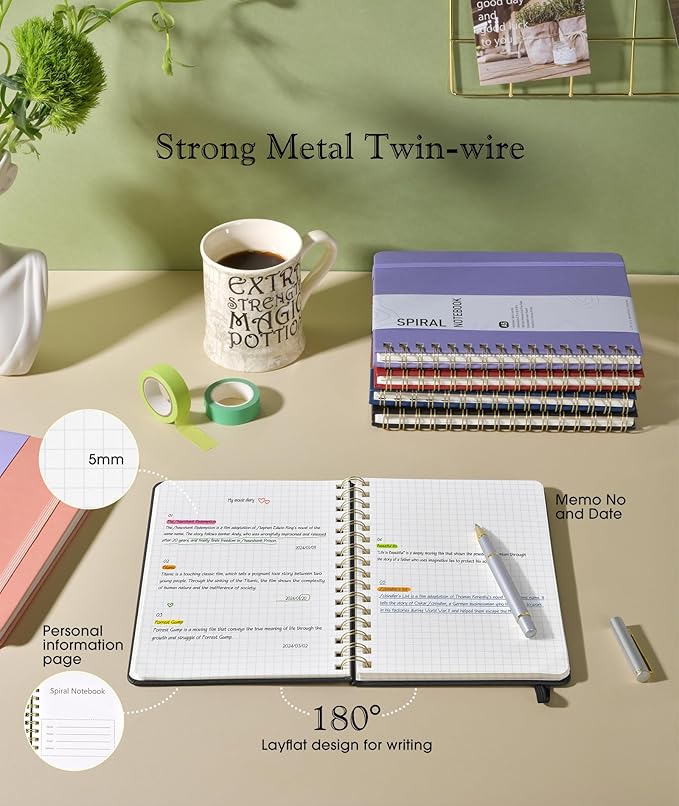 Graph Spiral Journal Notebook, A5 Hardcover Spiral Journals for Women Men, 100 GSM Graph Paper Notebooks, 150 Pages Spiral Bound Grid Notebook for Writing Note Taking Work 5.75" x 8.38" Black