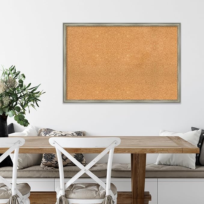 Amanti Art Natural Cork Board for Wall, 26x38 Vision Board with Silver Wood Frame, Large Corkboard Office Decor for Home Organization, Casual Corkboard Pinboard to display items for home organization