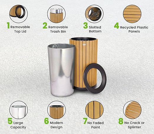 Alpine 32 Gallon Commercial Outdoor Trash Can - Heavy Duty Garbage Can Outdoor, Industrial Open Top Trash Can with Plastic Panels for Patio, Parks, Trails, Resorts (Flat Lid - Cedar)