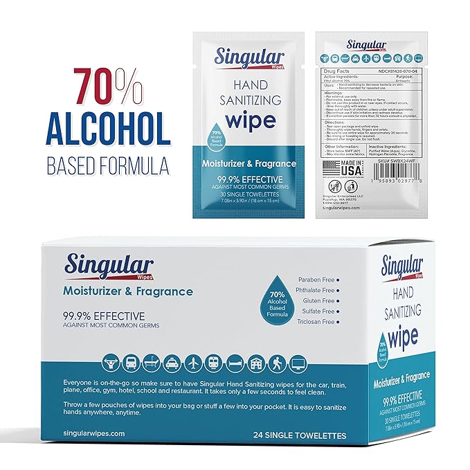 Hand Sanitizing Wipes Travel Size by Singular Wipes – 24ct Individually Wrapped | Fresh Citrus Scent, Moisturizing, 70% Alcohol Wipes | Travel, Office, School, Home | Made in USA