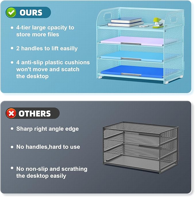 Marbrasse 4 Tier Paper Organizer Letter Tray - Mesh Desk File Organizer with Handle, Paper Sorter Organizer for Letter Office File Folder Holder (Blue, 12.6" x 9.1" x 10.7")
