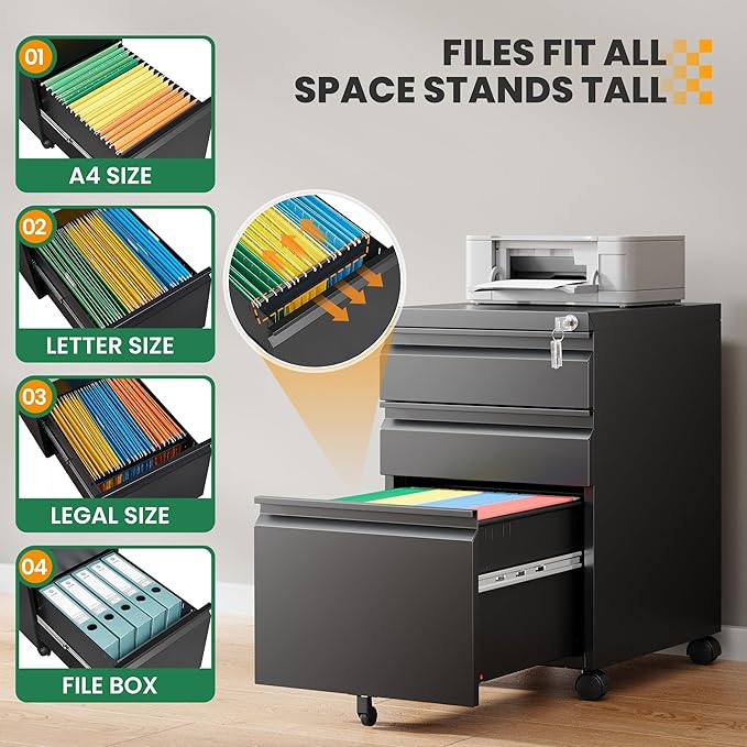 Mobile File Cabinet with Lock, 3 Drawer File Cabinet for Home Office, Rolling File Cabinet, Under Desk Locking Filing Cabinet on Wheels for Legal/Letter/A4 File, Fully Assembled, Black
